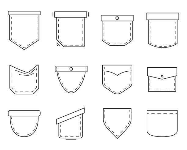 Patch pocket set Patch pocket set in line art style. Pockets shapes for clothes. Outline bag vector icons pocket stock illustrations