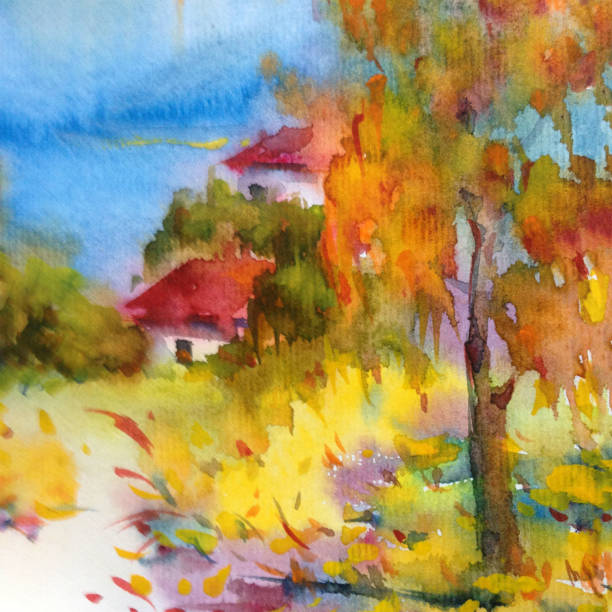 istock Watercolor colorful bright textured abstract background handmade . Mediterranean landscape . Painting of architecture and vegetation of the countryside in autumn 1357854528