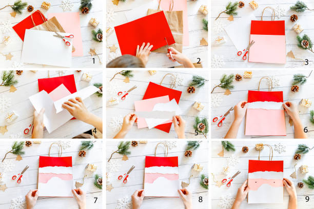 istock DIY Step-by-step guide instructions for Christmas paper bag for children. New year pack with Santa made of colored paper, glue and scissors. Fine motor skills. Winter holidays time. Handmade. 1357854780