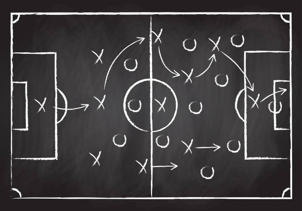 stockillustraties, clipart, cartoons en iconen met soccer field with game strategy. football tactic plan sketch. coach board. scheme with hand drawn players, lines and arrows. vector illustration. - voetbal