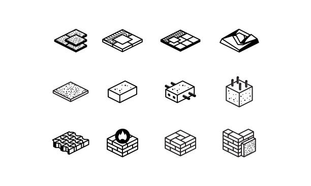 illustrations, cliparts, dessins animés et icônes de jeu d’icônes de matériaux de construction et de structure. icônes isométriques linéaires vectorielles de béton armé, de carreaux de céramique, de briques et de pavés. - polystyrene