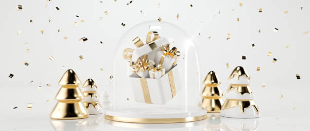 istock Modern Golden And White Christmas Trees, Podium, Snow Globe And Gift Boxes - 3D Illustration 1357856456