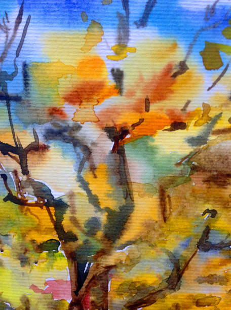 istock Watercolor colorful bright textured abstract background handmade . Mediterranean landscape . Painting of architecture and vegetation of the countryside in autumn 1357856515