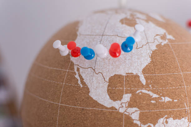 cork world ball showing north america and central america region with colored thumbtacks view from south · plan destinations · visited places · route 66 · road trip cork world ball showing north america and central america region with colored thumbtacks view from south · plan destinations · visited places · route 66 · road trip campaign button photos stock pictures, royalty-free photos & images
