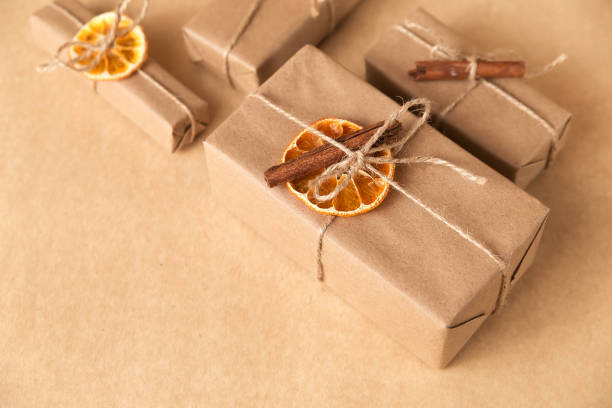 istock Christmas and zero waste, gifts in eco-friendly paper packaging 1357857628