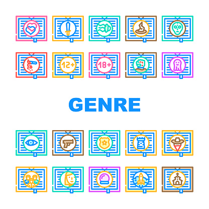 Literary Genre Categories Classes Icons Set Vector. Fantasy And Science Fiction, Action Adventure And Paranormal, Crime And Magic Literary Genre Line. Literature Color Illustrations