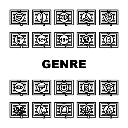 Literary Genre Categories Classes Icons Set Vector. Fantasy And Science Fiction, Action Adventure And Paranormal, Crime And Magic Literary Genre Black Contour Illustrations