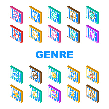 Literary Genre Categories Classes Icons Set Vector. Fantasy And Science Fiction, Action Adventure And Paranormal, Crime And Magic Literary Genre Isometric Sign Color Illustrations