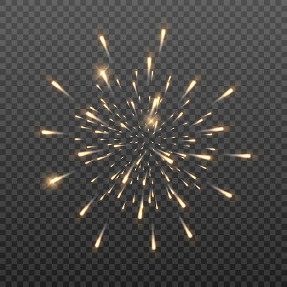 Fireworks with brightly shining sparks. Bright fireworks explosions isolated on transparent background. Festive sparks and explosions. Realistic light effect. Element for yor design. Vector on transparent.