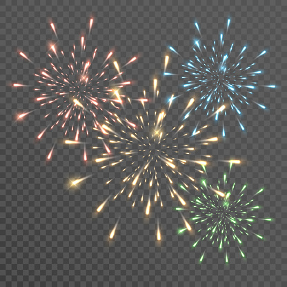 Fireworks with brightly shining sparks. Bright fireworks explosions isolated on transparent background. Festive sparks and explosions. Realistic light effect. Element for yor design. Vector on transparent.