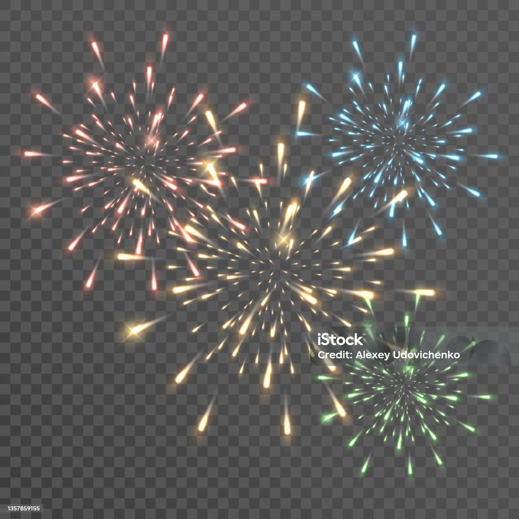 Fireworks with brightly shining sparks. Bright fireworks explosions isolated on transparent background. Festive sparks and explosions. Realistic light effect. Element for yor design. transparent. Fireworks with brightly shining sparks. Bright fireworks explosions isolated on transparent background. Festive sparks and explosions. Realistic light effect. Element for yor design. Vector on transparent. Firework - Explosive Material stock vector