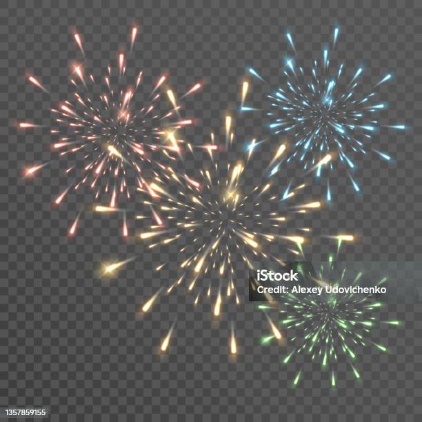 Fireworks With Brightly Shining Sparks Bright Fireworks Explosions Isolated On Transparent Background Festive Sparks And Explosions Realistic Light Effect Element For Yor Design Transparent Stock Illustration - Download Image Now