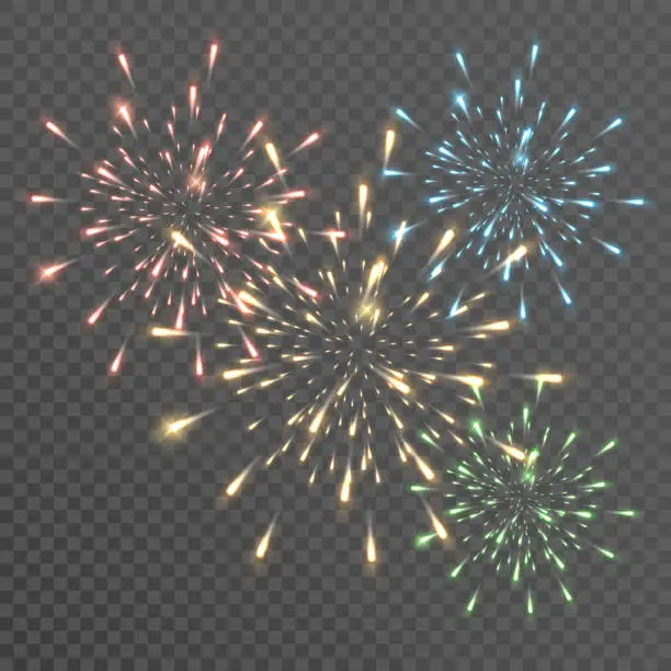 Vector illustration of Fireworks with brightly shining sparks. Bright fireworks explosions isolated on transparent background. Festive sparks and explosions. Realistic light effect. Element for yor design. transparent.