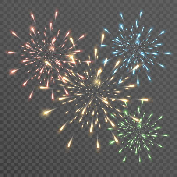 fireworks with brightly shining sparks. bright fireworks explosions isolated on transparent background. festive sparks and explosions. realistic light effect. element for yor design. transparent. - 煙火匯演 幅插畫檔、美工圖案、卡通及圖標