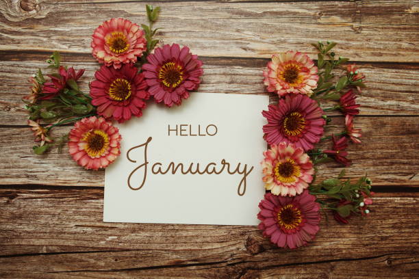 istock Hello January typography text with flowers on wooden background 1357860153