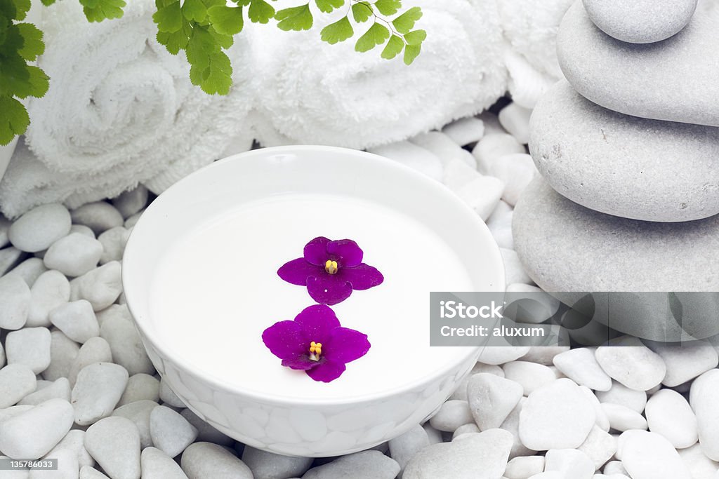 Schüssel mit milchigen lotion und Gesneriengewächs Blumen - Lizenzfrei Alternative Behandlungsmethode Stock-Foto