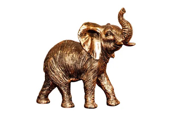 Photo of Bronze elephant figurine isolated on white background.