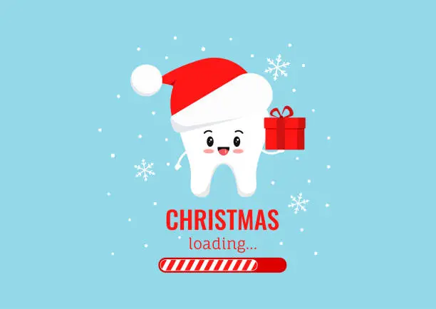 Vector illustration of Chistmas tooth with gift in red Santa Claus hat and countdown bar.
