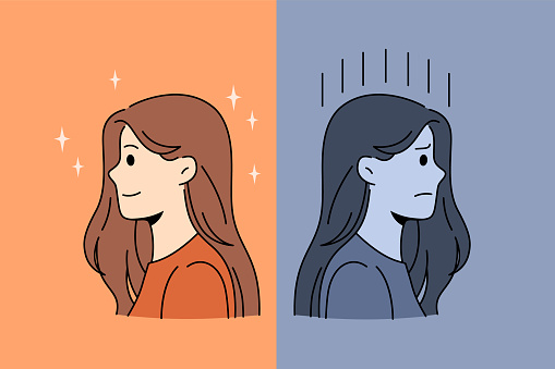 Good or bad mood concept. Profile portraits of smiling positive happy girl and gloomy depressed with negative thoughts vector illustration