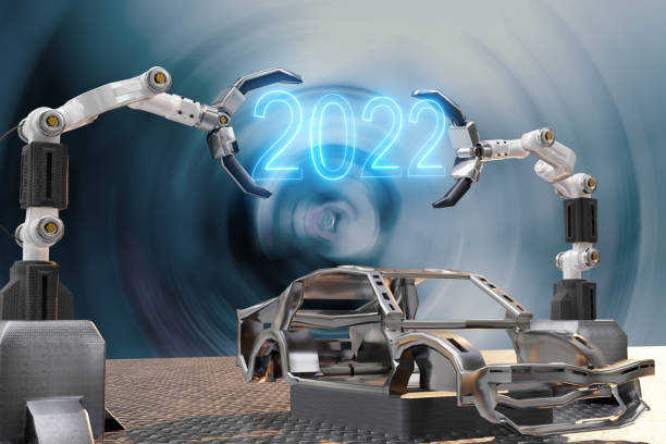 istock Car production processing service in factory robot hi tech robotic AI control arm hand robot artificial for car technology in garage dealership with tech hand cyborg 2022 1357862828