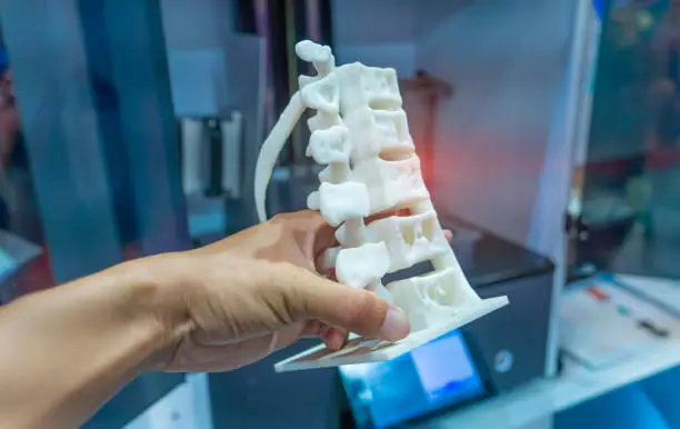 Photo of hand with 3d printed human spine in 3d printer.