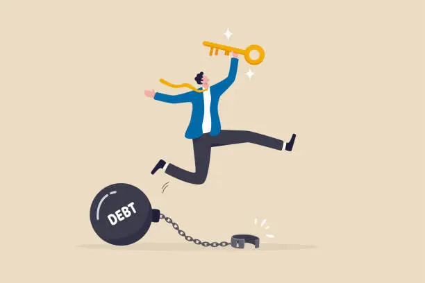 Vector illustration of Debt free or freedom for pay off debts, loan or mortgage, solution to solve financial problem, savings or investment to break free, happy businessman holding golden key after unlock debt burden chain.