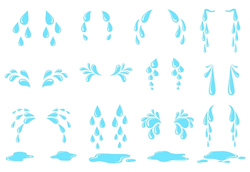 Cartoon sweat tear. Cry tears drops, puddle water droplets, drip falling drop, simple raindrop, watery eyes expression despair, neat isolated icon vector illustration. Drop icon falling, tear liquid