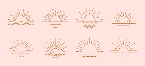 illustrations, cliparts, dessins animés et icônes de logo du soleil boho, vecteur d’art au trait du coucher de soleil sur la mer. conception de logo vectoriel sun - silhouette nautical vessel sea morning