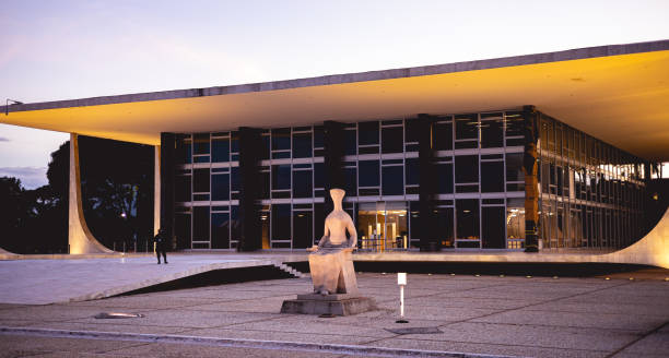 Photograph of the Federal Supreme Court ( STF - Supremo Tribunal Federal ) in Brasilia, federal capital of Brazil. Photograph of the Federal Supreme Court ( STF - Supremo Tribunal Federal ) in Brasilia, federal capital of Brazil. The STF was designed by Oscar Niemeyer and a sculpture of justice by the artist Alfredo Ceschiatti. Brasilia, Federal District - Brazil. December, 04, 2021. direito stock pictures, royalty-free photos & images