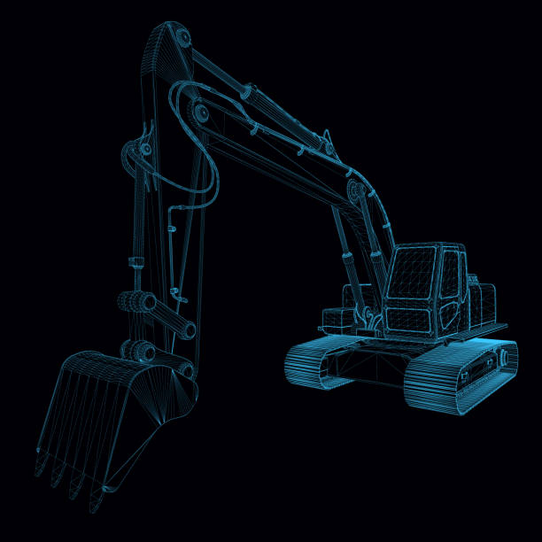 어두운 배경에 격리 된 파란색 선에서 굴삭기 와이어 프레임. 원근보기입니다. 3d. 벡터 일러스트레이션 - construction equipment stock illustrations