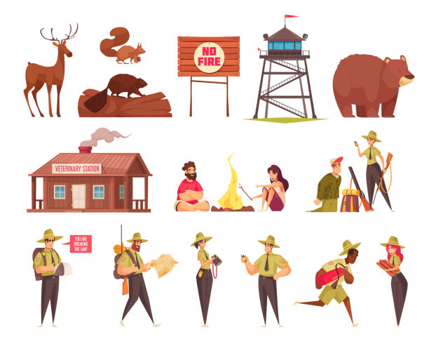 ÐÑÐ½Ð¾Ð²Ð½ÑÐµ RGB Cartoon icons set with male and female forest rangers wild animals hunters veterinary station building isolated vector illustration park ranger stock illustrations