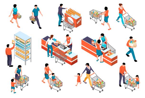 Isometric Supermarket People Set Isometric supermarket color set with human characters of market visitors collecting goods with baskets and cashiers vector illustration convenience stock illustrations