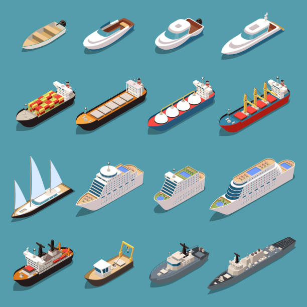 Ships Boats Isometric Set Ships isometric set with icebreaker speedboat cruise liner bulk carrier sail yacht oil tanker warship vector illustration freight liner stock illustrations