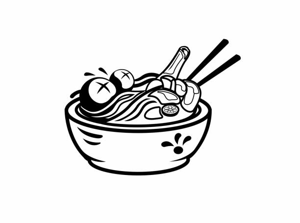 meatball noodle on bowl indonesian street food logo mascot illustration on outline style vector - malang 幅插畫檔、美工圖案、卡通及圖標