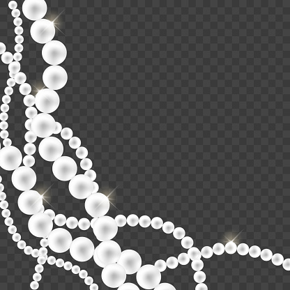 Shiny oyster pearls for luxury accessories. Vector pearl necklace on transparent background. Chains of pearls forming an ornament. Beautiful natural  jewelry
