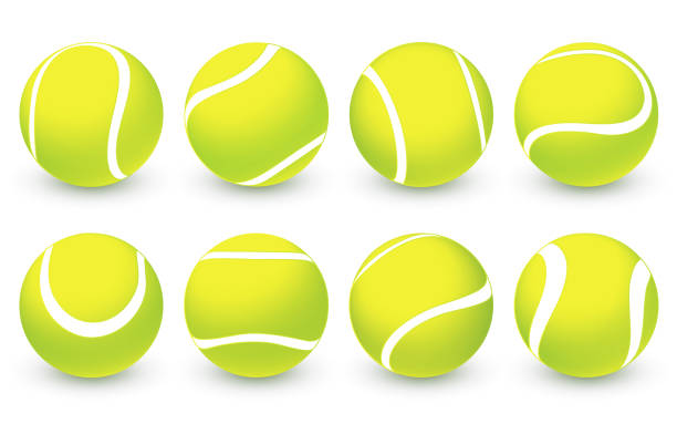 ilustraciones, imágenes clip art, dibujos animados e iconos de stock de juego de pelotas de tenis realistas vectoriales. símbolo de competición deportiva. colección de pelotas de tenis verdes con textura y sombra - bola de tenis