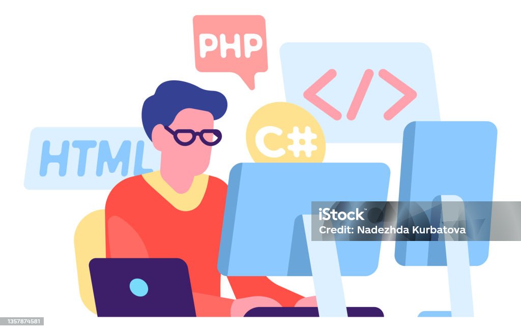 Man Coding At Computer Web Development Engineer Working With ...