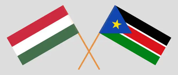 Vector illustration of Crossed flags of Hungary and South Sudan. Official colors. Correct proportion