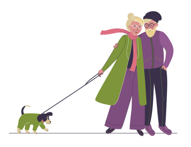 gealterter mann und frau, die mit hund spazieren gehen - pair cheerful happiness heterosexual couple stock-grafiken, -clipart, -cartoons und -symbole