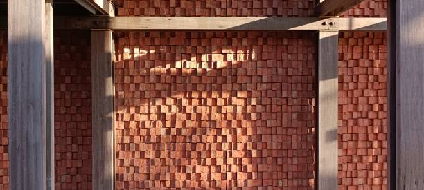 istock Old wood decoration on brick wall.It contemporary exterrior  building 1357876611