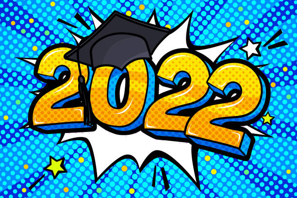 Concept of a graduating class of 2022. Numbers with graduation cap in pop art style vector art illustration