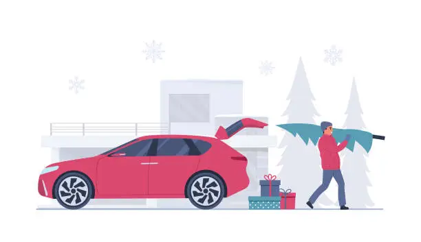 Vector illustration of A man unloads Christmas gifts and a tree from the car. Vector illustration.