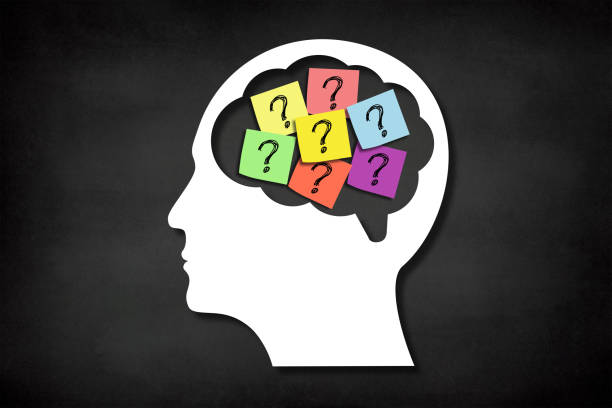 Human brain with question mark concept on chalkboard, Mental health and problems with memory, Think outside the box concept stock photo