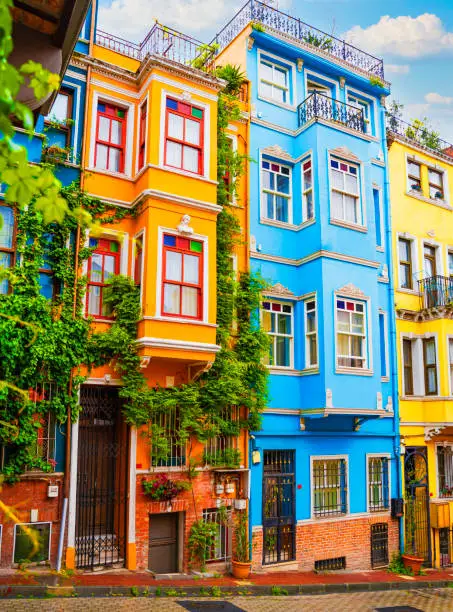 Photo of Colorful houses on Balat popular with tourists, Balat is a traditional Jewish quarter in Istanbul's Fatih district. Istanbul, Turkey