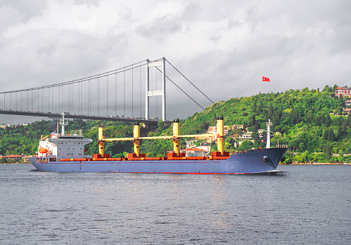 Giant bulk cargo ship passing Bosphorus Strait, Istanbul, Turkey. Water transport concept