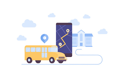 Education concept. Vector flat illustration. School bus track system. Yellow schoolbus and smartphone with city map on screen. Design transportation security of children.