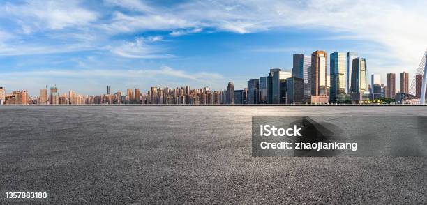 Panoramic Skyline And Modern Commercial Office Buildings With Empty Road Stock Photo - Download Image Now