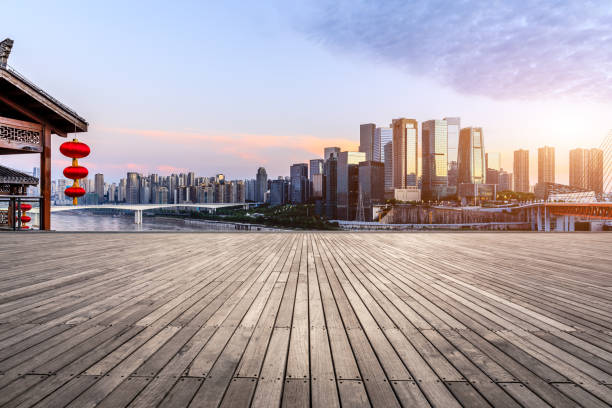 Panoramic skyline and commercial buildings with Boardwalk stock photo