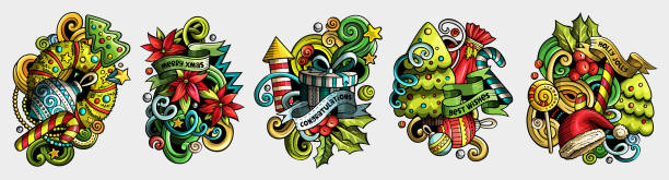 New Year cartoon vector doodle designs set vector art illustration