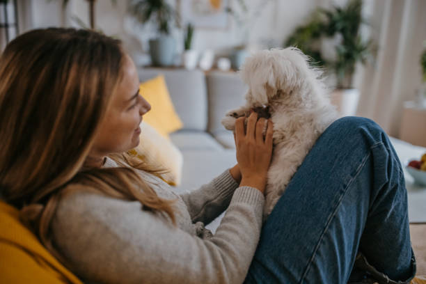 istock Woman playing with puppy 1357884418